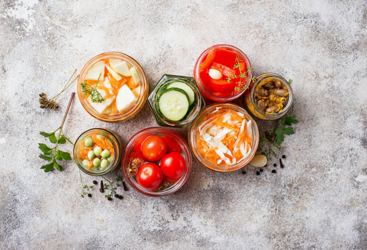 Fermented food. Preserved vegetables in jars